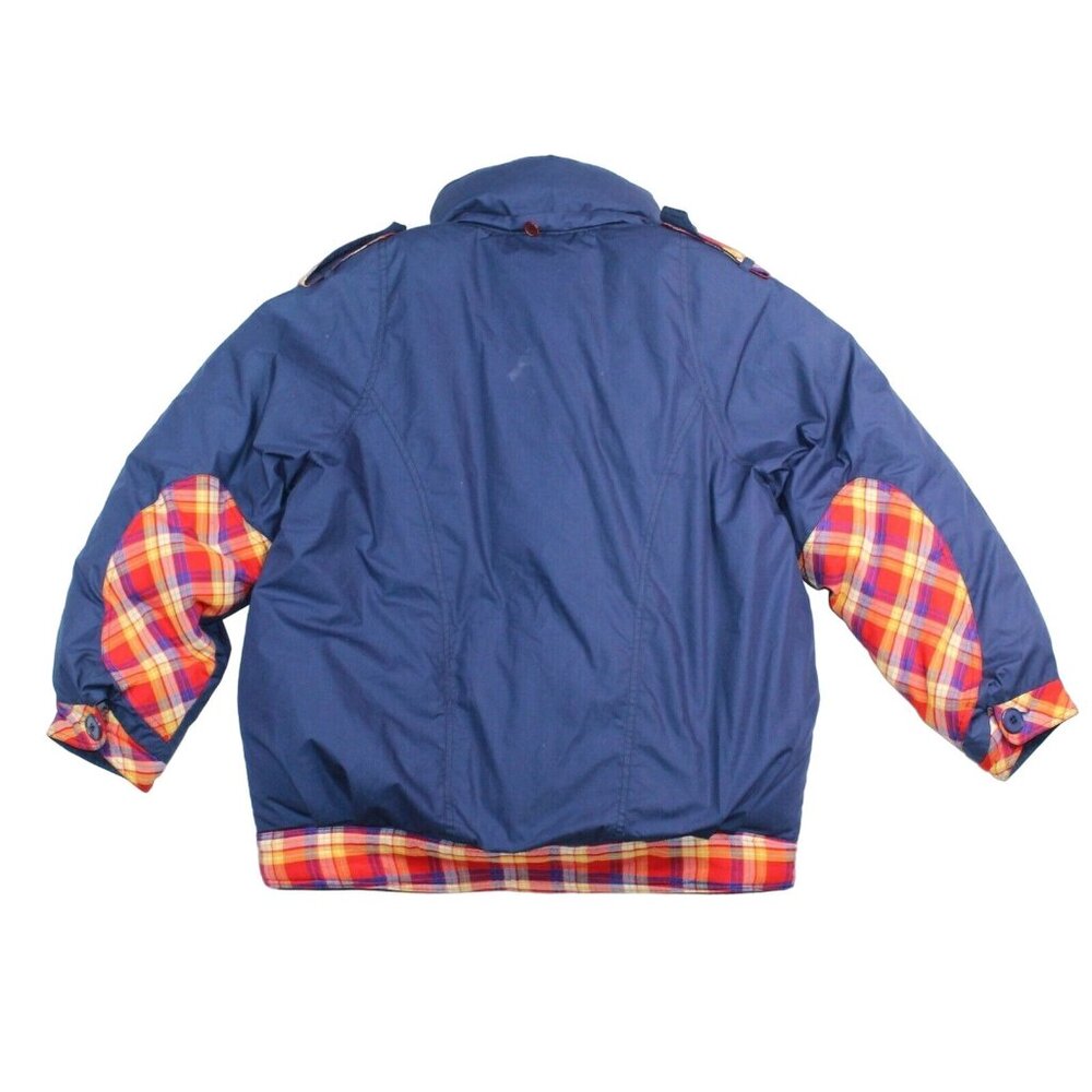 Vintage 80s XL Rainbow Trim Genuine Down Blue Coat Jacket Ski Snowboard Winter - Picture 2 of 12
